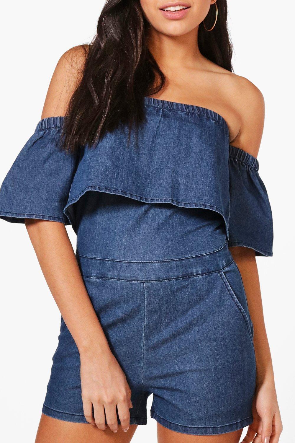 Off the shoulder jean romper best sale